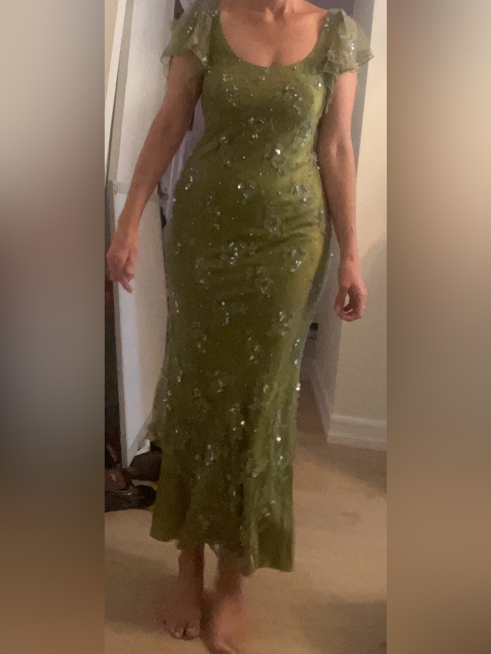 Victoria Royal Womens Silk Beaded Maxi Gown Size 10 Flutter Sleeves Fitted Green - Picture 12 of 13